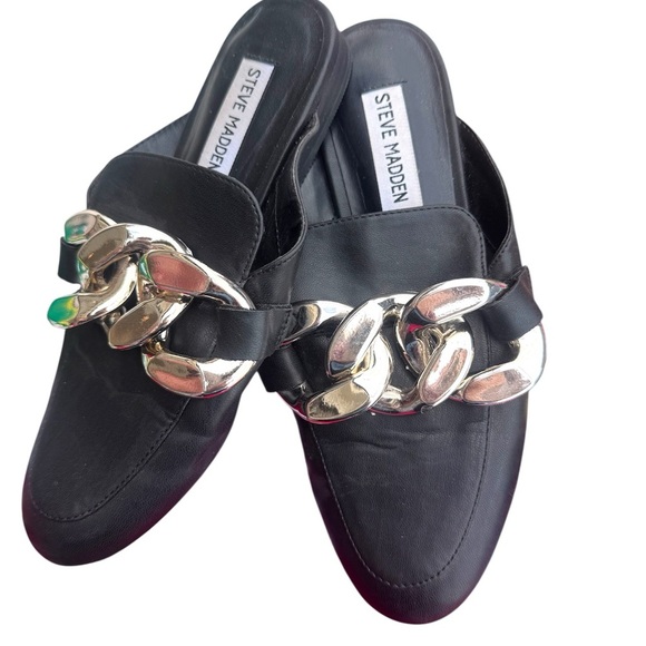 Steve Madden Shoes - Steve Madden Black and Silver Mules with Chain Detail
